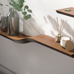 Floating Shelf Wall Mounted, Walnut Hanging Floating Shelves, Wall Shelf Curved, Wooden Oak Bracketless Shelves, Wavy Bookshelf Geometric