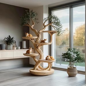 Rustic solid wood cat tree handmade stand naturally solid wood cat tree tower play cat large decor living room gift cat