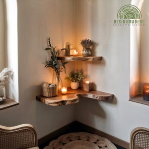 Custom Size Boho Live Edge Corner Shelf – Floating Solid Wood Wall Shelf for Plants, Books, Candles | Handcrafted Bohemian Home Decor Gift