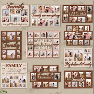 3D Family photo frames bundle, hanging picture frame laser cut, family quotes svg, wooden wall photo display, home decor, collage frame